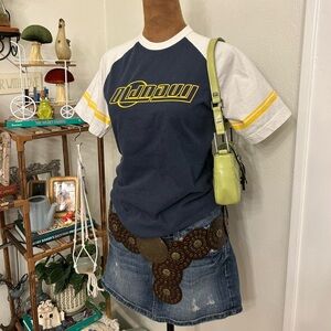 Vintage Y2K Navy Blue & White Old Navy Baby Tee w Yellow Striped Sleeves- Sz Med